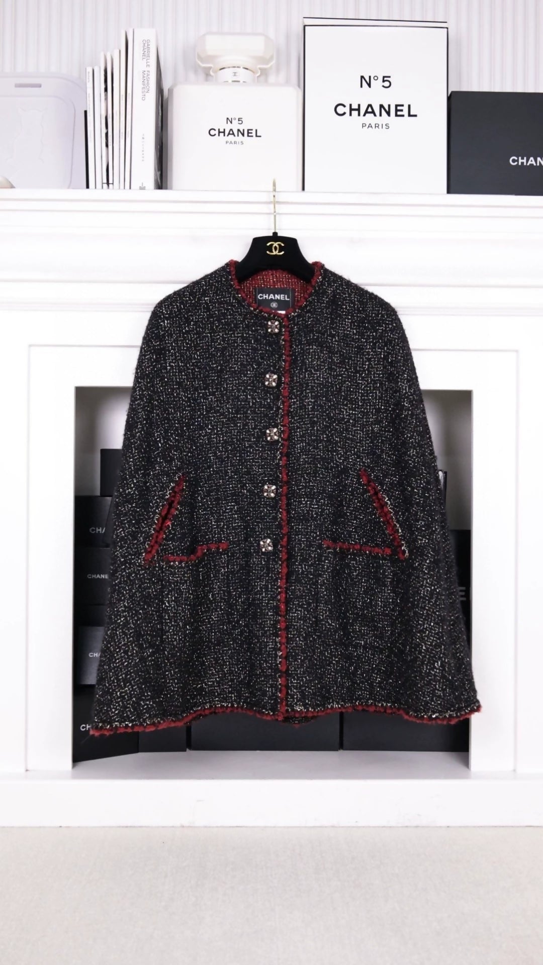 Chanel 2011 Runway Style Red and Black Trimmed Glass Button Cape Coat