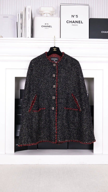 Chanel 2011 Runway Style Red and Black Trimmed Glass Button Cape Coat