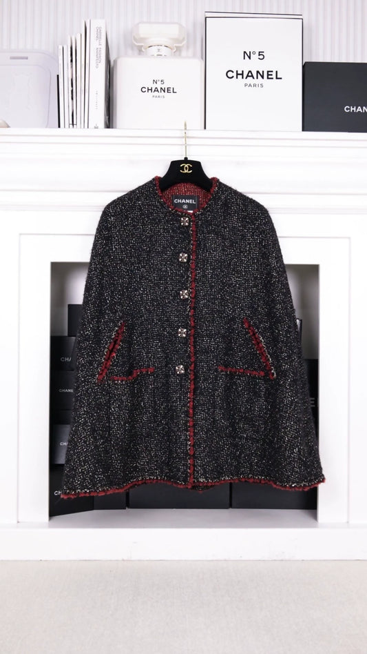 Chanel 2011 Runway Style Red and Black Trimmed Glass Button Cape Coat