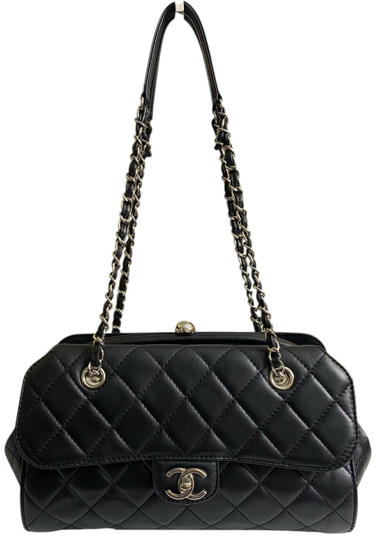 Chanel Classic Black CC Kisslock Lambskin Frame Compartment Bag