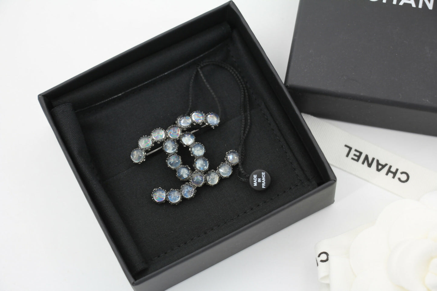 Chanel 17K Rhinestone Starlight Blue CC Brooch