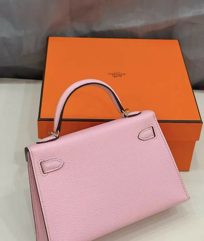 Hermès Special Order (HSS) Mini Kelly II (Kelly 20) Rose Sakura (3Q) with Gris Perle Interior Chevre Leather with Light Gold Hardware
