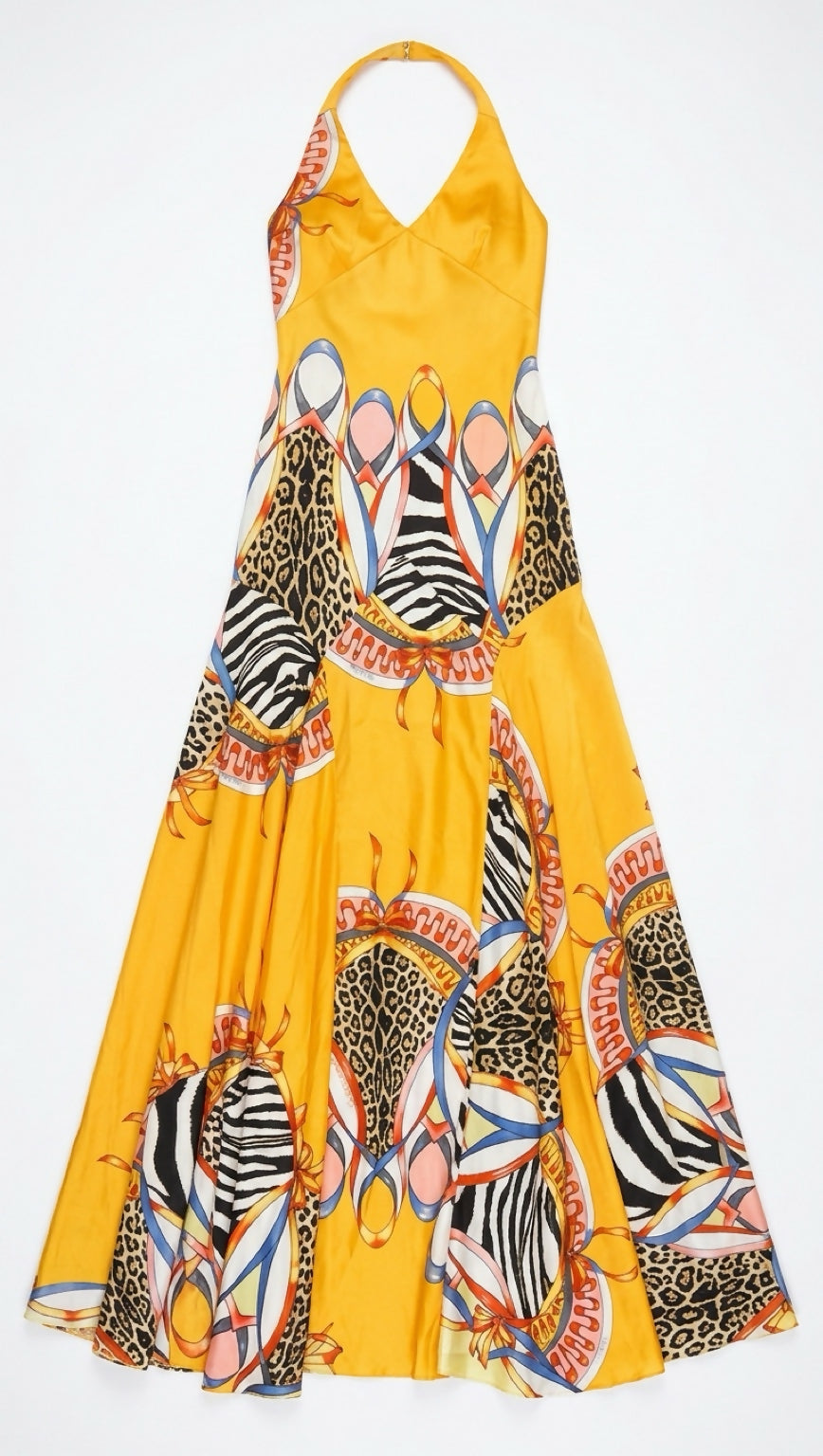 Vintage Roberto Cavalli 04 S/S Runway Yellow Orange Silk Maxi Gown Dress Size M