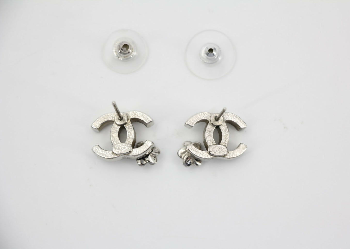 Chanel Vintage 07P Metal Black and Silver Camellia Stud Earrings