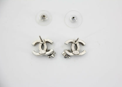Chanel Vintage 07P Metal Black and Silver Camellia Stud Earrings