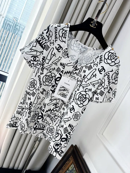 Chanel 19A Egypt Series White Graffiti Camélia Full Print Logo top