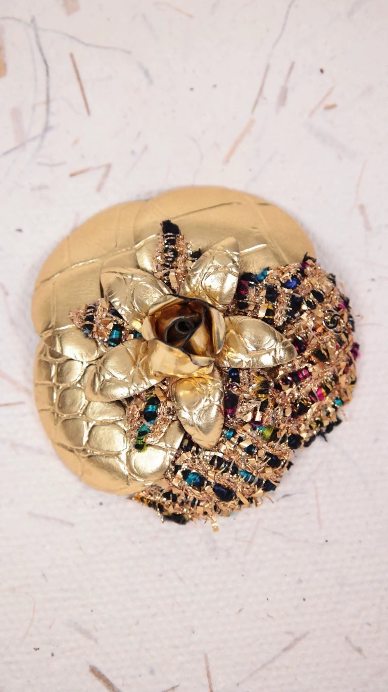 Chanel 2019 Gold Leather and Tweed Camellia Brooch