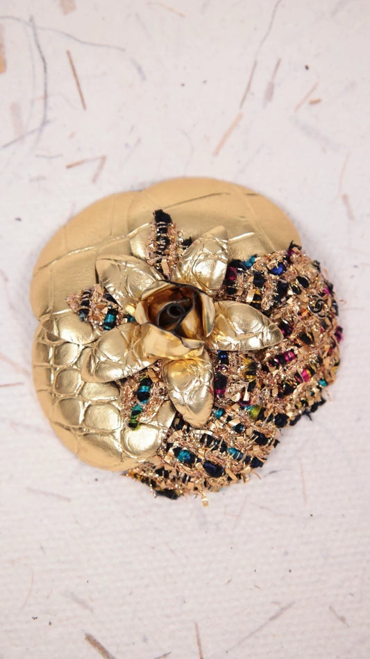Chanel 2019 Gold Leather and Tweed Camellia Brooch