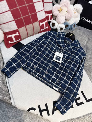 Chanel 24P blue and white check tweed woven collar jacket