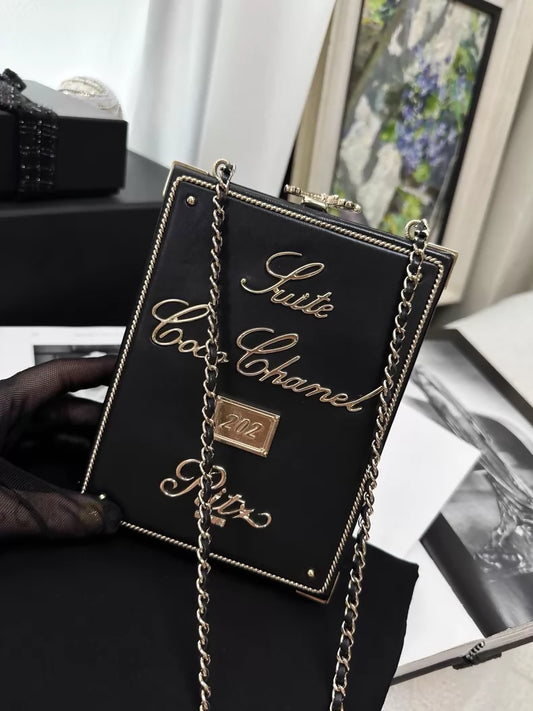 Chanel 17A  Black and Gold Lambskin Ritz-Carlton Box Bag with gold Chain