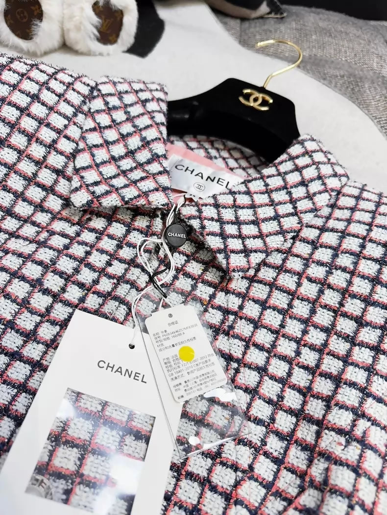 Chanel 19S Red and Blue Check Tie-Waisted Tweed Jacket