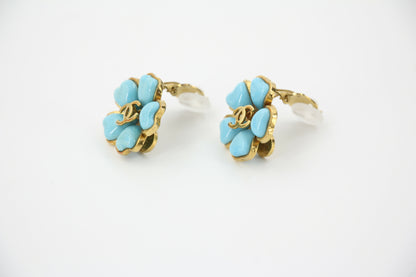 Chanel Vintage 97P Gripoix Blue Camellia Clip-on Earrings
