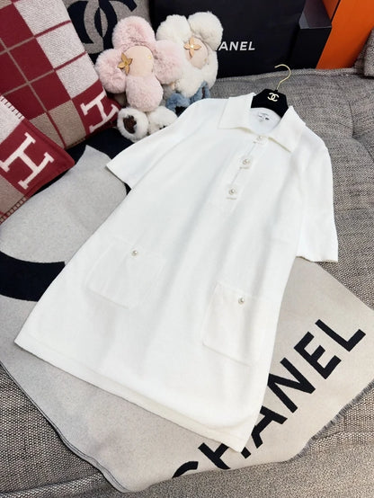 Chanel 23P white pearl-button polo dress