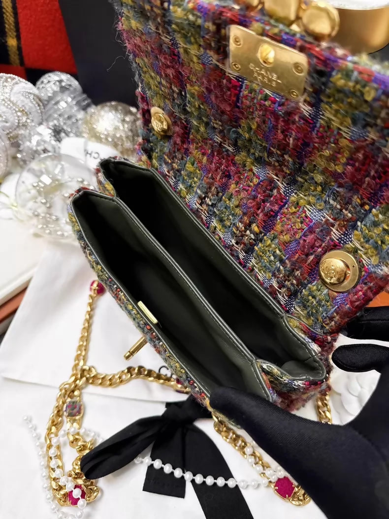 Chanel 22k colorful check tweed square crossbody bag