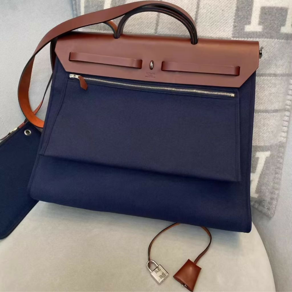 Hermès Herbag Zip 39 Dark Denim Blue Canvas & Leather - Wararni