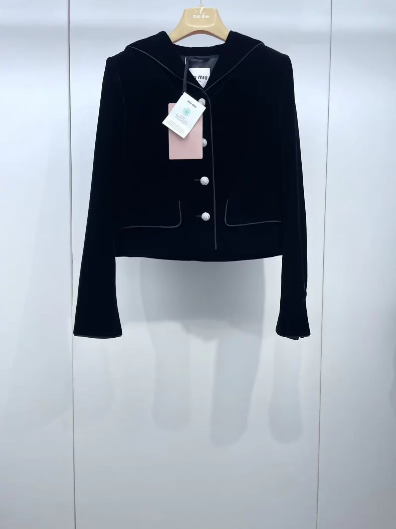 Miu Miu 24SS Black Velvet Rhinestone Button Jacket
