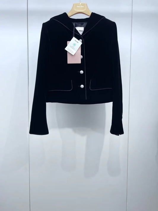 Miu Miu 24SS Black Velvet Rhinestone Button Jacket