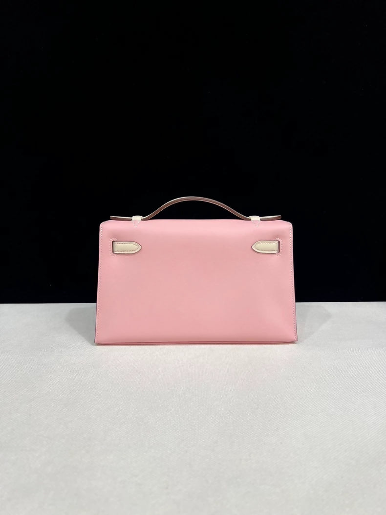 Hermes Kelly pochette pink Sakura & cream white swift leather palladium hardware