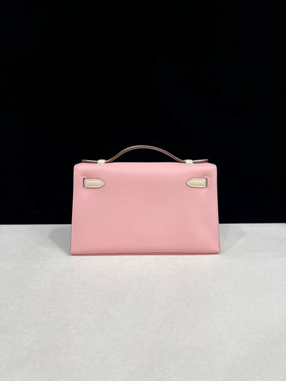 Hermes Kelly pochette pink Sakura & cream white swift leather palladium hardware