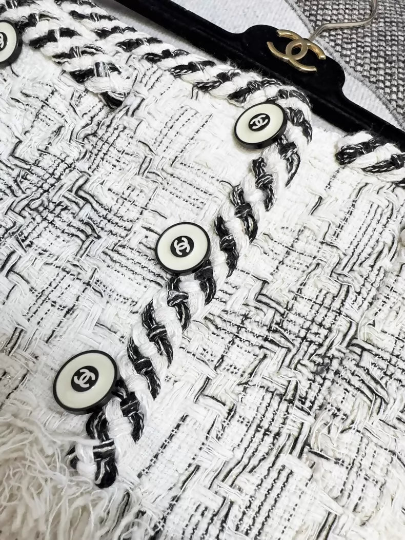 Chanel 18S Beige and Black Check Fringe Tweed Mini Skirt