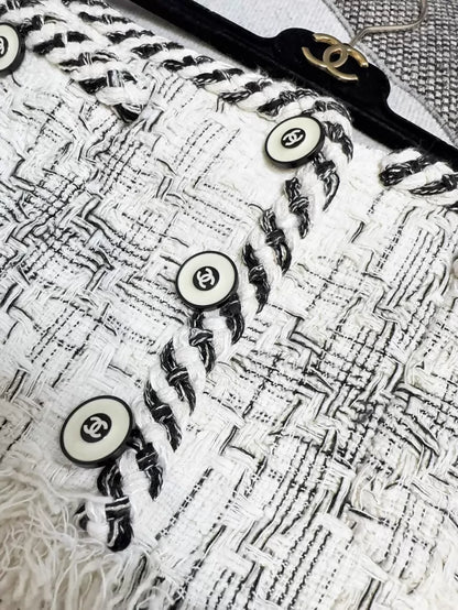 Chanel 18S Beige and Black Check Fringe Tweed Mini Skirt
