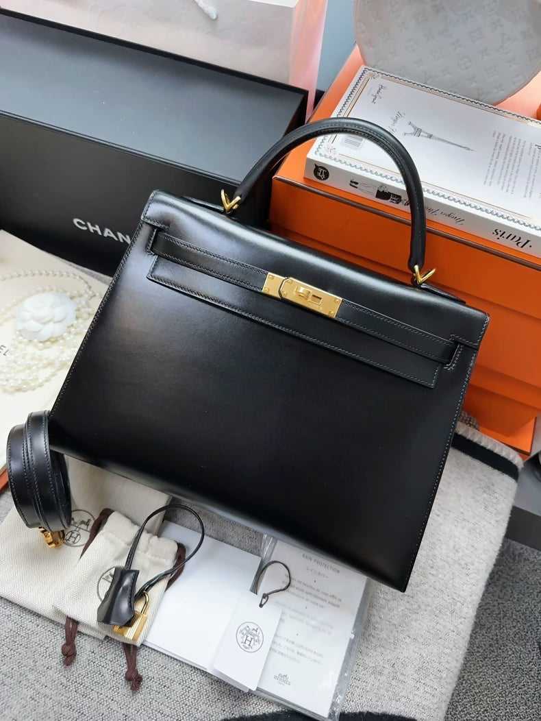Hermes Kelly32 noir box leather gold hardware