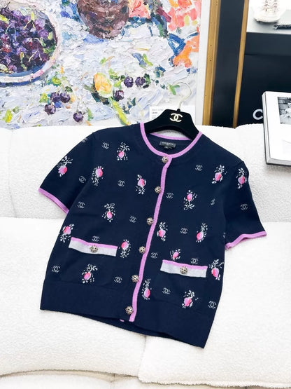 Chanel 22K Dark Blue-Purple Floral Cashmere Knit cardigan and Skirt set