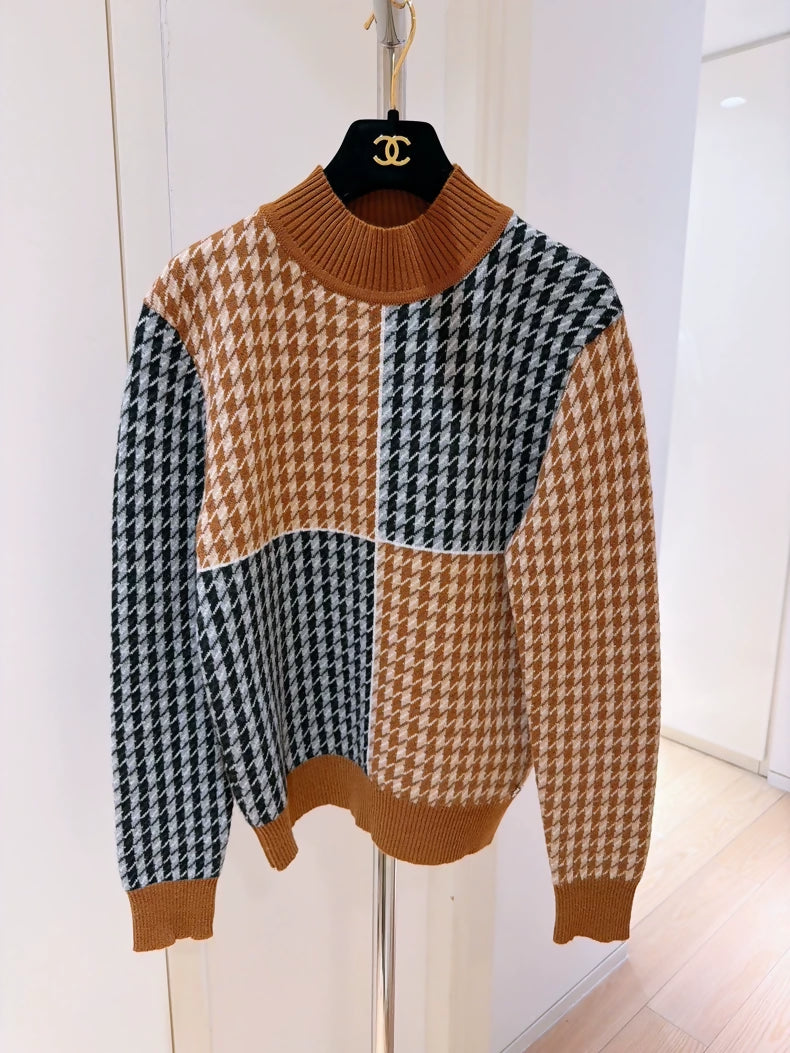 Hermes houndstooth color-blocked turtleneck cashmere sweater