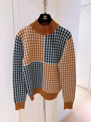 Hermes houndstooth color-blocked turtleneck cashmere sweater