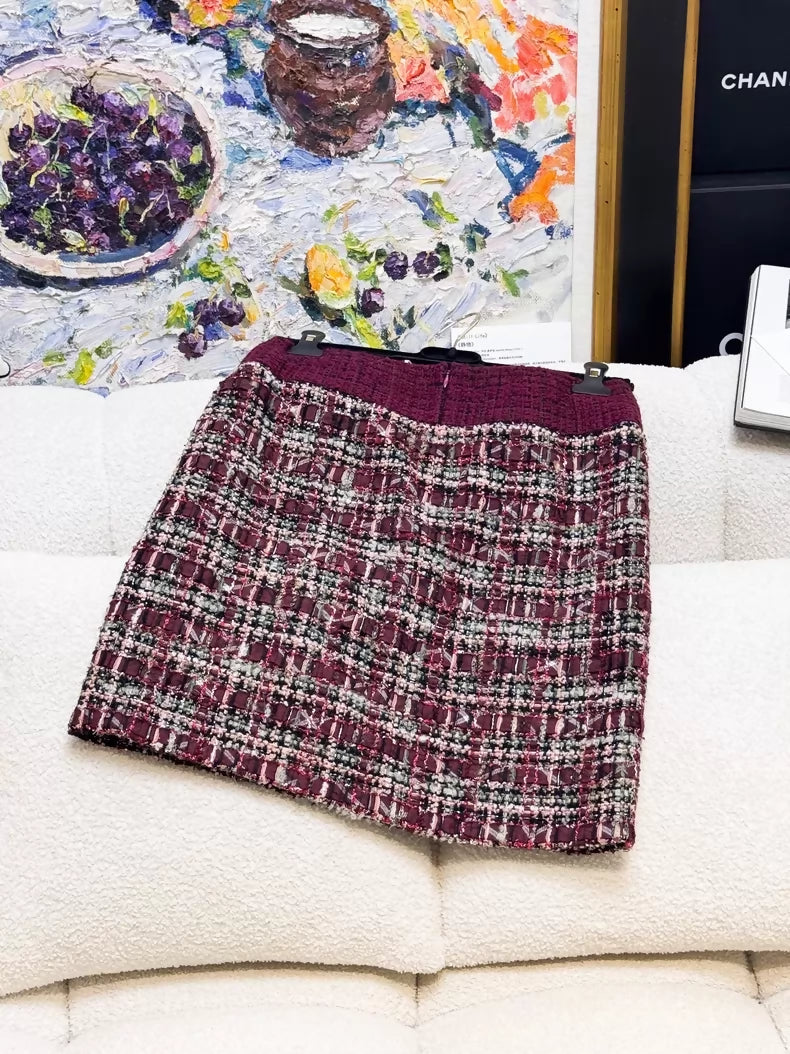 Chanel 23k Burgundy Wool Tweed Turtleneck Jacket with skirt set