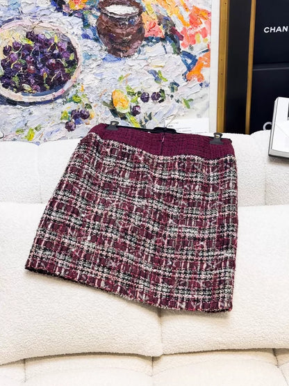 Chanel 23k Burgundy Wool Tweed Turtleneck Jacket with skirt set