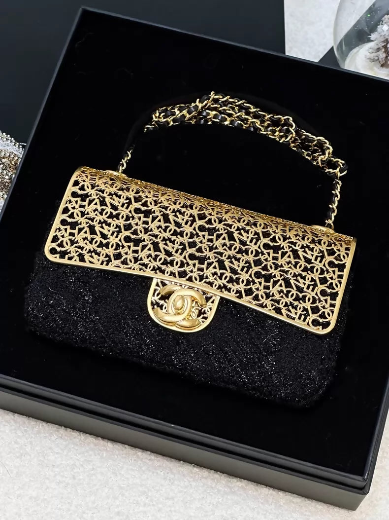Chanel 22K black and gold metallic tweed CF chain evening bag