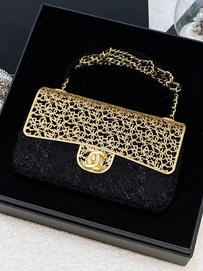 Chanel 22K black and gold metallic tweed CF chain evening bag