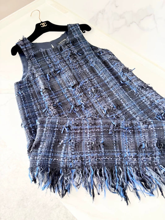 Chanel 2018 blue and black tweed fringed dress
