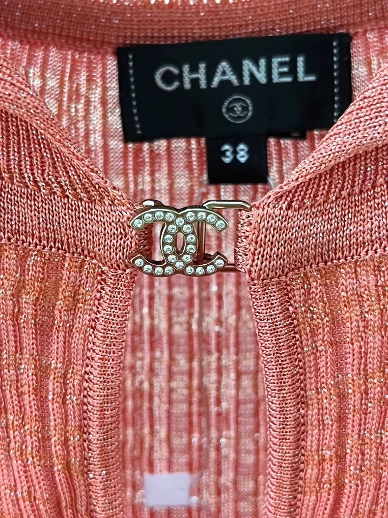 Chanel 22 Orange Rhinestone Button Knit Short-Sleeve T-Shirt