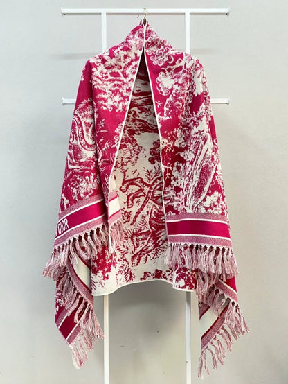 Dior Christmas Red Zoo Pink and White Classic Embroidered Tassel Shawl