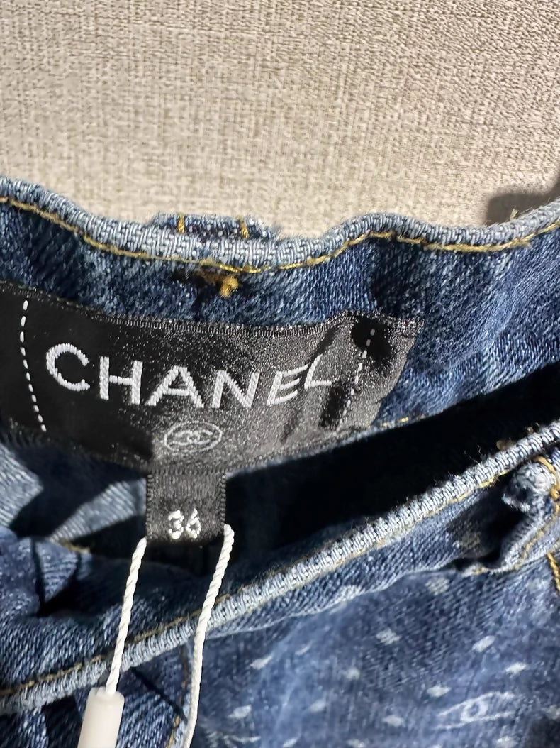 Chanel 23P blue polka dot double C wide-leg jeans