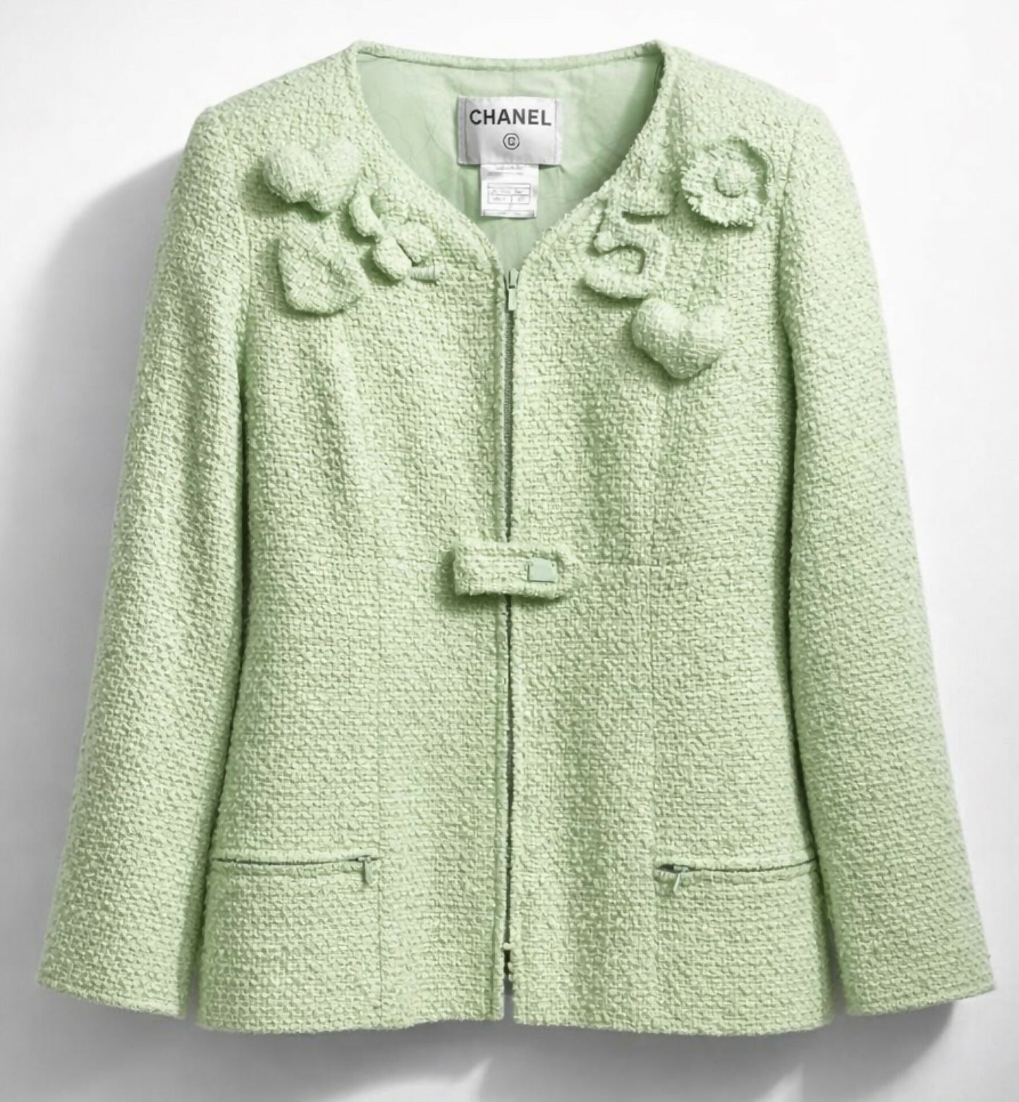 Chanel 04C Mint Green Tweed Boucle Zippered Appliqués Jacket FR 42