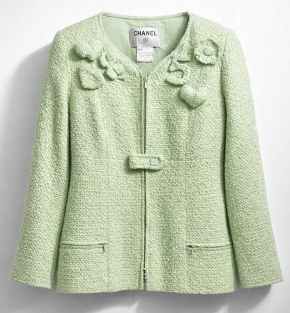 Chanel 04C Mint Green Tweed Boucle Zippered Appliqués Jacket FR 42