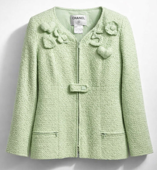 Chanel 04C Mint Green Tweed Boucle Zippered Appliqués Jacket FR 42