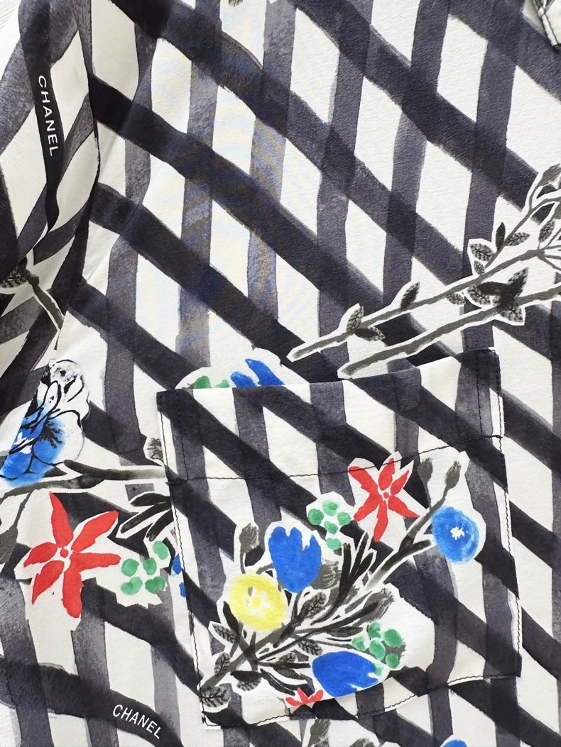 Chanel 26P black and white graffiti check silk top, F42