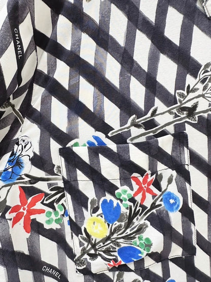 Chanel 26P black and white graffiti check silk top, F42