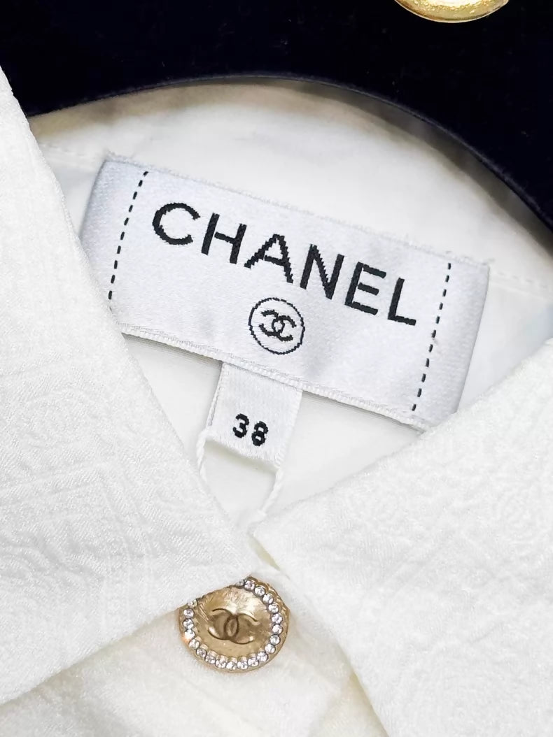 Chanel 26C  White Silk Jacquard Off-Shoulder Blouse