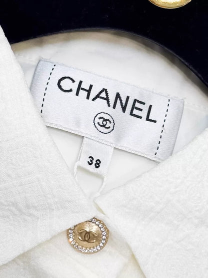 Chanel 26C  White Silk Jacquard Off-Shoulder Blouse