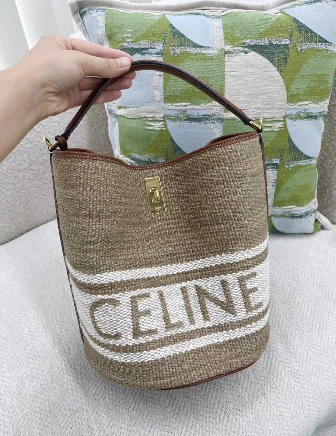 Celine Beige Bucket 16 Bag In Textile With Celine Jacquard