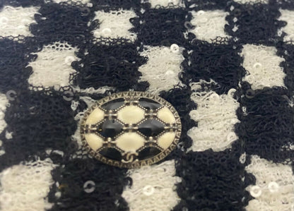 Chanel 17B Metropolitan Checker Sequin Leather Trim Zip Up Jacket FR 42