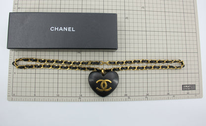 Chanel Vintage 91 Wooden Heart CC & Leather Chain Necklace