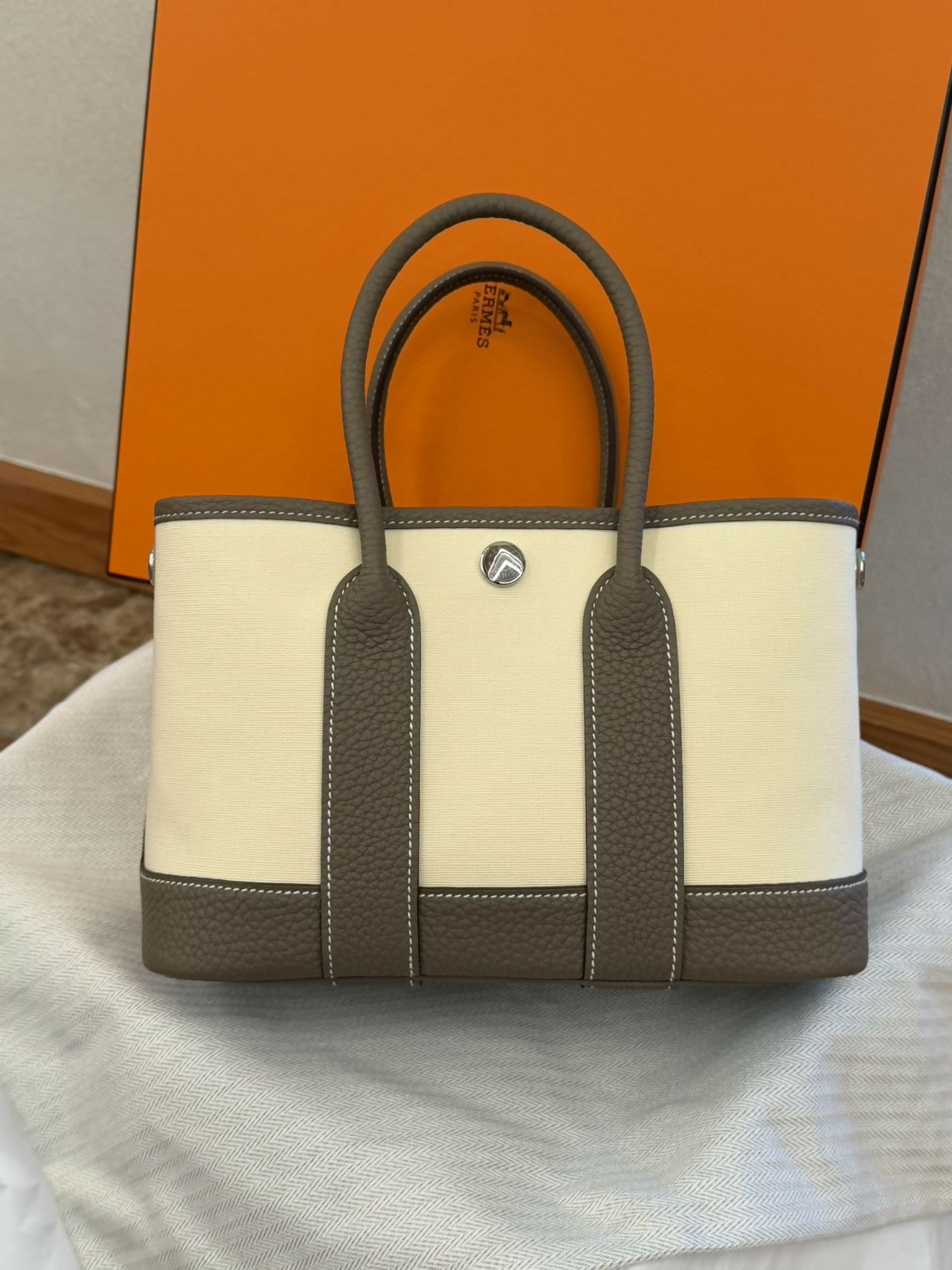 Hermès Garden Party 18 (Mini) Toile Vanilla & Étoupe Negonda with Palladium Hardware