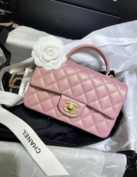 CHANEL Chanel Mini Rectangular Flap Bag with Top Handle Pink Iridescent Lambskin Antique Gold Hardware - Small Mini Bag - Used fashion item from Wararni