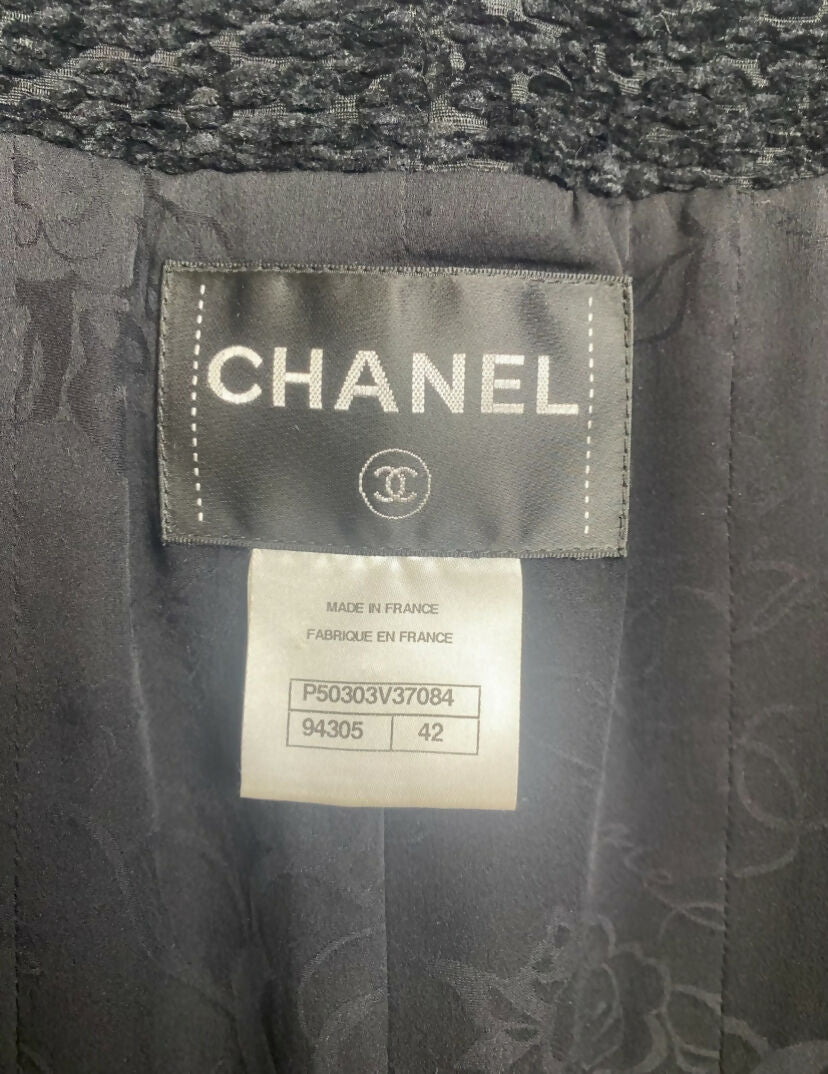 Chanel 14A Runway Supermarket Collection Black Boucle Silver Metallic Braided Trim Jacket 42